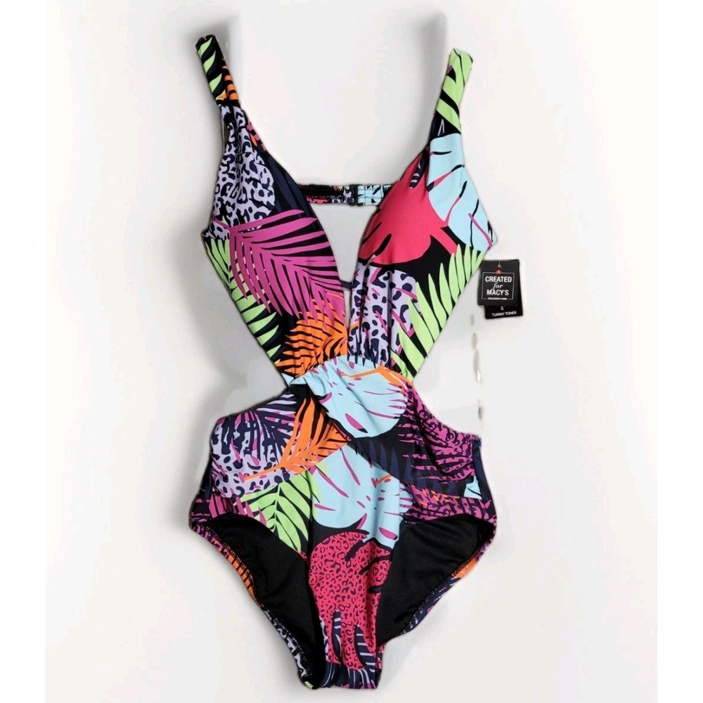 Bar III Women Tropical Palm Prowl Cross-Front High Leg One-piece Swimsuit Size S